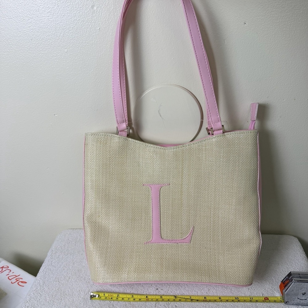 Vintage 90s Y2K Monogrammed L Initial White & Baby Pink Shoulder Bag Initial